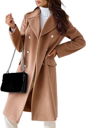 ECADHICC Women Long Wool Blend Pea Coat Winter Casual Overcoat Notched Lapel Collar Long Jacket Outerwear in Saudi Arabia