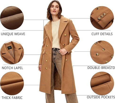 Women's Long Coat for Winter, Classic Notch Lapel Peacoat, Double-Breasted Casual Long Sleeve Fall Overcoat in Saudi Arabia