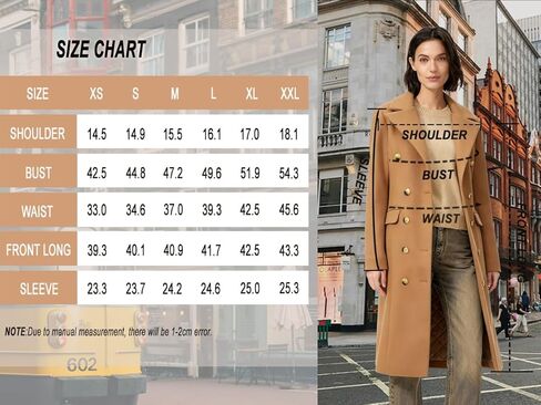 Women's Long Coat for Winter, Classic Notch Lapel Peacoat, Double-Breasted Casual Long Sleeve Fall Overcoat in Saudi Arabia