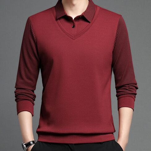 Men's Mock Two Piece Striped Polo Shirt, Long Sleeve V-Neck Casual Pullover Top in Saudi Arabia