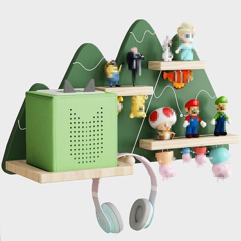 Green Mountain Tonie Shelf - Wall Mounted Tonies Shelves for Toniebox, Magnetic Wood Display Floating Shelves for 8-14 Tonie Figures Storage, Cute Pine Wall Shelf for Kids Room,Bedroom,Nursery in Saudi Arabia