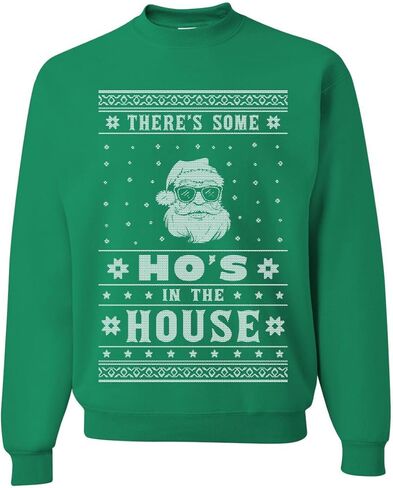 سترة Wild Bobby Theres Some Hos in the House Santa Ugly Christmas للجنسين، سويت شيرت برقبة دائرية، أسود، مقاس صغير in Kuwait