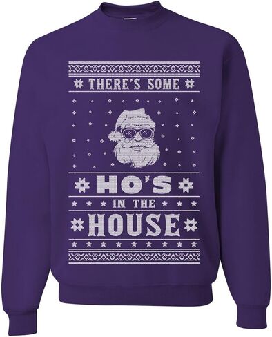سترة Wild Bobby Theres Some Hos in the House Santa Ugly Christmas للجنسين، سويت شيرت برقبة دائرية، أسود، مقاس صغير in Kuwait