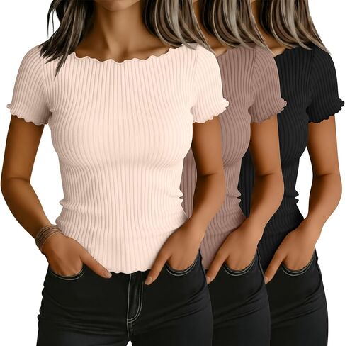 Riyiper 3 Pack Women's Lettuce Trim Boat Neck Tops Ribbed Short Sleeve T-Shirts Crop Slim Fit Summer Basic Tees Shirt in Kuwait