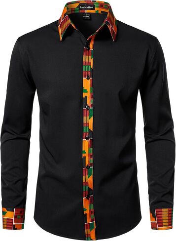 قميص رجالي من LucMatton بأكمام طويلة وأزرار سفلية، قمصان Dashiki برسومات أفريقية وقبلية in Kuwait