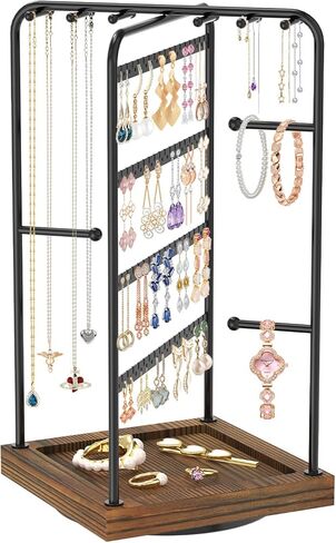 MODOWEY Earring Necklace Holder Organizer Jewelry Stand, Wood Rotating Display Tree for Vendor Selling, Tiered Tower Rack for Pierced Stud Bracelet 90+ Pieces Storage, Easy Access for Women, Black in Saudi Arabia
