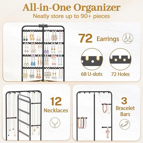 MODOWEY Earring Necklace Holder Organizer Jewelry Stand, Wood Rotating Display Tree for Vendor Selling, Tiered Tower Rack for Pierced Stud Bracelet 90+ Pieces Storage, Easy Access for Women, Black in Saudi Arabia