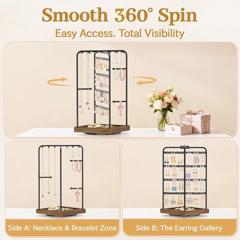 MODOWEY Earring Necklace Holder Organizer Jewelry Stand, Wood Rotating Display Tree for Vendor Selling, Tiered Tower Rack for Pierced Stud Bracelet 90+ Pieces Storage, Easy Access for Women, Black in Saudi Arabia