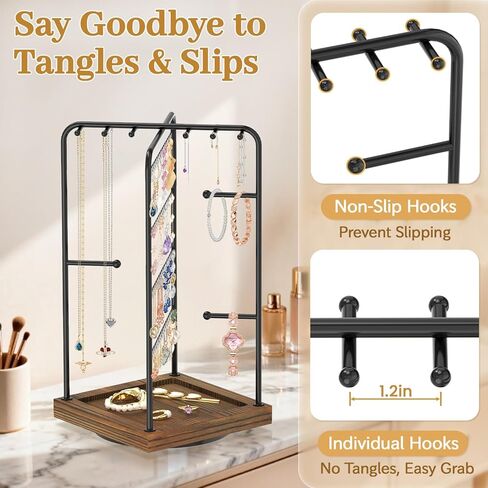 MODOWEY Earring Necklace Holder Organizer Jewelry Stand, Wood Rotating Display Tree for Vendor Selling, Tiered Tower Rack for Pierced Stud Bracelet 90+ Pieces Storage, Easy Access for Women, Black in Saudi Arabia