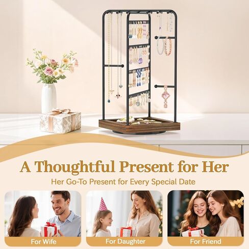 MODOWEY Earring Necklace Holder Organizer Jewelry Stand, Wood Rotating Display Tree for Vendor Selling, Tiered Tower Rack for Pierced Stud Bracelet 90+ Pieces Storage, Easy Access for Women, Black in Saudi Arabia