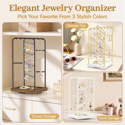 MODOWEY Earring Necklace Holder Organizer Jewelry Stand, Wood Rotating Display Tree for Vendor Selling, Tiered Tower Rack for Pierced Stud Bracelet 90+ Pieces Storage, Easy Access for Women, Black in Saudi Arabia