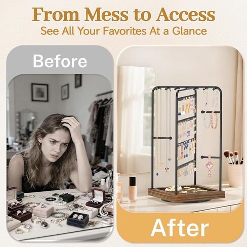 MODOWEY Earring Necklace Holder Organizer Jewelry Stand, Wood Rotating Display Tree for Vendor Selling, Tiered Tower Rack for Pierced Stud Bracelet 90+ Pieces Storage, Easy Access for Women, Black in Saudi Arabia