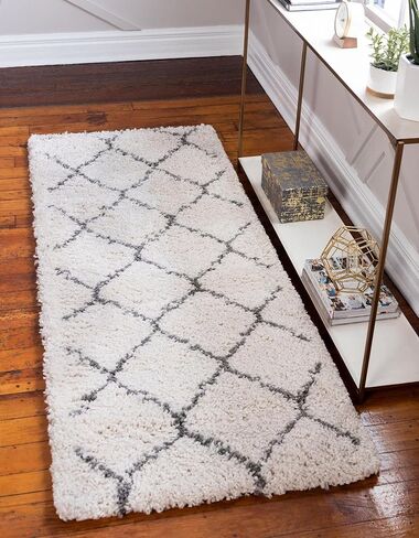 Unique Loom Rabat Shag Collection Area Rug - Fractured (2' x 7' 1" Runner Ivory/Gray) in Saudi Arabia