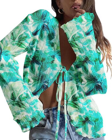 ZAFUL Women's Deep V Neck Tie Front Top Flare Sleeve Plisse Pleated Blouse Shirt Top Y2k Vintage Streetwear in Kuwait