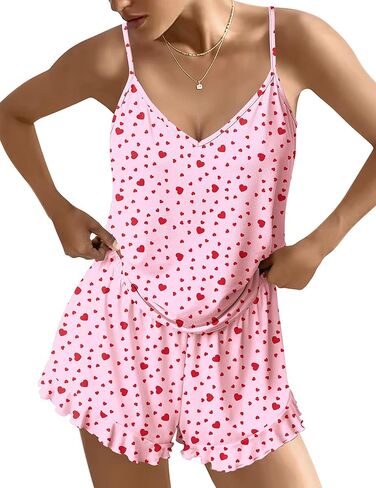 Ekouaer Womens Cami Pajama Sets V Neck PJs Soft Lingerie Sleepwear 2 Piece Tank Top with Ruffle Shorts Heart Print M in Saudi Arabia