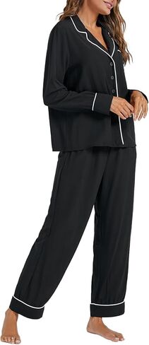 Women's Pajama Sets Collar V Neck Long Sleeve Button Shirt with Pants Pjs in Saudi Arabia
