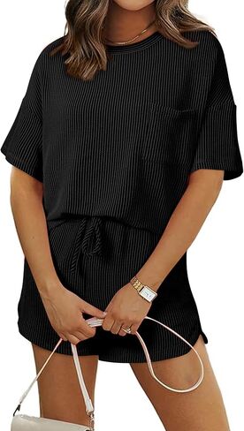 SHEWIN 2 Piece Sets for Women Summer Short Sleeve Shirts High Waisted Shorts with Pockets Lounge Matching Set in Saudi Arabia