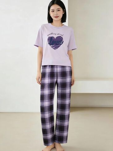Women's Two Piece Pajamas Sets Short Sleeve Shirt and Plaid Pants Lounge Sets Soft PJS Outfits in Saudi Arabia