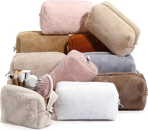 Paterr 10 Pcs Valentine Plush Makeup Bag Bulk Gift for Women Coworkers Preppy Fleece Makeup Pouch Cosmetic Bag Fuzzy Zipper Travel Toiletry Pouch for Wedding Bachelorette(Classic Color) in Saudi Arabia
