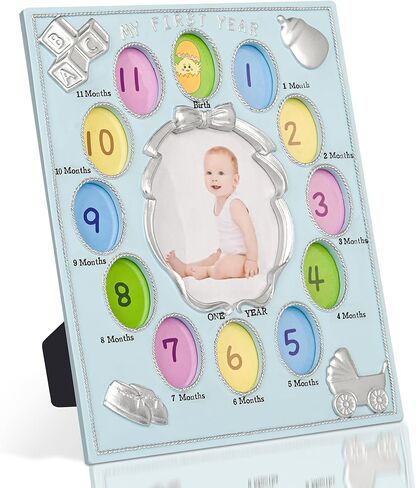 My First Year Photo Frame – Baby's Monthly Milestone Memory Display | Classic Baby Picture Frame Keepsake for Boys & Girls | 12 Monthly Photo Slots in Blue | Nursery Wall Décor in Saudi Arabia