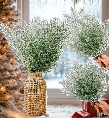 5Pcs Christmas Snow Frosted Pine Branches, Snowy Artificial Pine Needles Branches Greenery Ceder Sprigs Pines Picks Stems for Christmas Wreath Home Garden Decoration (35cm) in Saudi Arabia