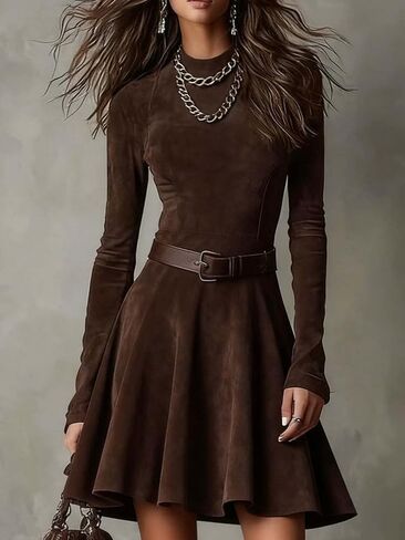 cffvdiz Women's Faux Suede Dress Western Long-Sleeve Crew Neck A-Line Midi Cowgirl Dress in Saudi Arabia