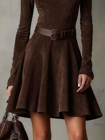 cffvdiz Women's Faux Suede Dress Western Long-Sleeve Crew Neck A-Line Midi Cowgirl Dress in Saudi Arabia
