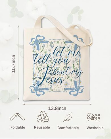 Geondos Boho Wildflower Canvas Tote Bag, Let me Tell You About My Jesus Quote Totes, Christian Verse Quote Reusable Shopping Bags, Shoulder Bags for Casual Vacation Shopping Work in Saudi Arabia