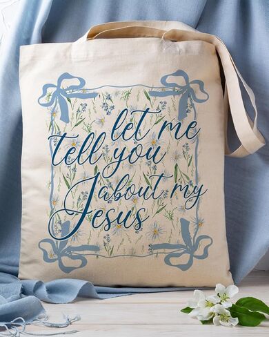 Geondos Boho Wildflower Canvas Tote Bag, Let me Tell You About My Jesus Quote Totes, Christian Verse Quote Reusable Shopping Bags, Shoulder Bags for Casual Vacation Shopping Work in Saudi Arabia