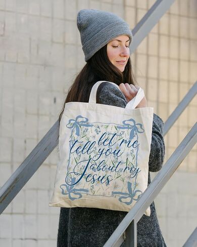 Geondos Boho Wildflower Canvas Tote Bag, Let me Tell You About My Jesus Quote Totes, Christian Verse Quote Reusable Shopping Bags, Shoulder Bags for Casual Vacation Shopping Work in Saudi Arabia