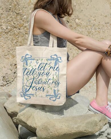 Geondos Boho Wildflower Canvas Tote Bag, Let me Tell You About My Jesus Quote Totes, Christian Verse Quote Reusable Shopping Bags, Shoulder Bags for Casual Vacation Shopping Work in Saudi Arabia