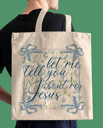 Geondos Boho Wildflower Canvas Tote Bag, Let me Tell You About My Jesus Quote Totes, Christian Verse Quote Reusable Shopping Bags, Shoulder Bags for Casual Vacation Shopping Work in Saudi Arabia