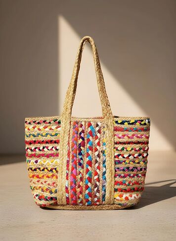 Rectangular Jute Cotton Straw Beach Bags Totes Handbag Shoulder Bag Tote Bag for Women Tassel Bag Natural Fiber Handbags Multicolor in Saudi Arabia