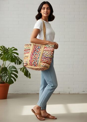 Rectangular Jute Cotton Straw Beach Bags Totes Handbag Shoulder Bag Tote Bag for Women Tassel Bag Natural Fiber Handbags Multicolor in Saudi Arabia
