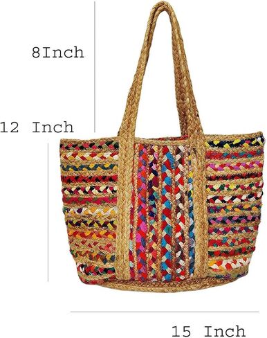 Rectangular Jute Cotton Straw Beach Bags Totes Handbag Shoulder Bag Tote Bag for Women Tassel Bag Natural Fiber Handbags Multicolor in Saudi Arabia
