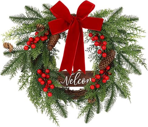 أكاليل عيد الميلاد للديكور الخارجي للباب الأمامي، 20 بوصة، فروع صنوبر التوت، إكليل الشتاء الاصطناعي مع القوس وعلامة معلقة لعطلة عيد الميلاد، باب المنزل، نافذة الجدار، الموقد in Saudi Arabia