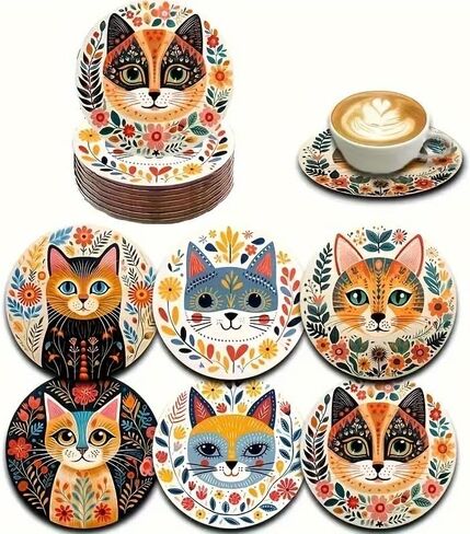 6pcs Vibrant Cat Coasters - 3.93" Floral & Leaf Patterns, Heat-Resistant Plastic Cup Coasters for Home, Bar, Office Use - Hand Washable Cat Decor Accessories in Saudi Arabia