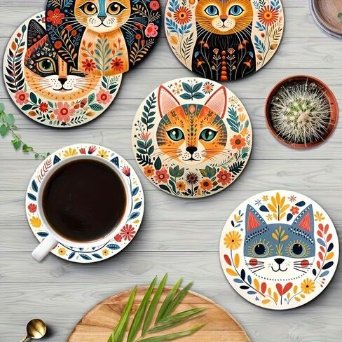 6pcs Vibrant Cat Coasters - 3.93" Floral & Leaf Patterns, Heat-Resistant Plastic Cup Coasters for Home, Bar, Office Use - Hand Washable Cat Decor Accessories in Saudi Arabia