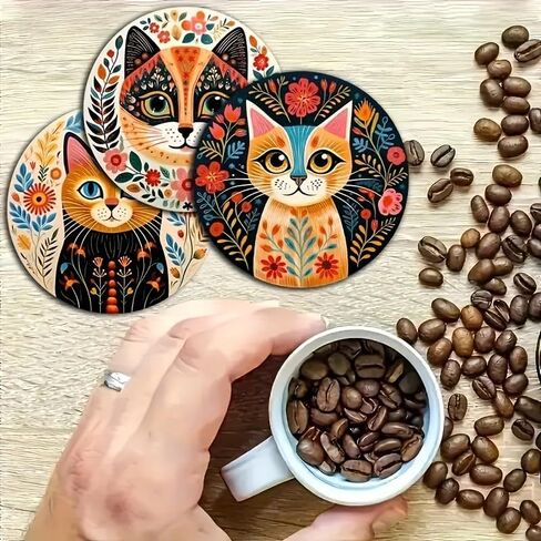 6pcs Vibrant Cat Coasters - 3.93" Floral & Leaf Patterns, Heat-Resistant Plastic Cup Coasters for Home, Bar, Office Use - Hand Washable Cat Decor Accessories in Saudi Arabia