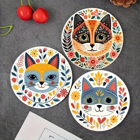 6pcs Vibrant Cat Coasters - 3.93" Floral & Leaf Patterns, Heat-Resistant Plastic Cup Coasters for Home, Bar, Office Use - Hand Washable Cat Decor Accessories in Saudi Arabia