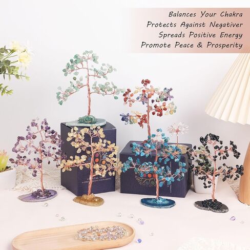 Pretty Jolly 7 Chakra Healing Stones Blue Crystals Tree of Life Positive Energy Gemstone Money Tree Spiritual Meditation Reiki Gifts with Agate Slice Base for Home,Office,Desk Feng Shui Décor in Saudi Arabia