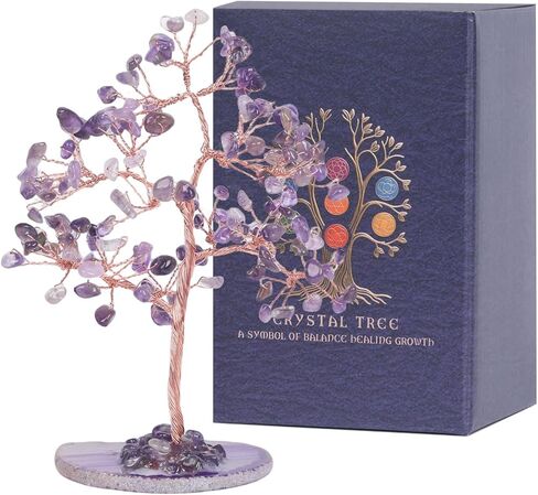Pretty Jolly 7 Chakra Healing Stones Blue Crystals Tree of Life Positive Energy Gemstone Money Tree Spiritual Meditation Reiki Gifts with Agate Slice Base for Home,Office,Desk Feng Shui Décor in Saudi Arabia