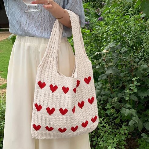 Love Heart Pattern Knitted Tote Bag, Casual Crochet Shoulder Bag for Women Shopping & Everyday Use, Large Capacity Foldable in Saudi Arabia