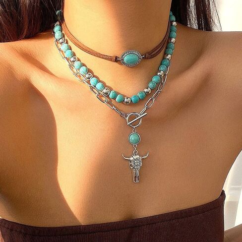 Boho Western Necklaces for Women,Turquoise Beaded Layered Necklaces Vintage Cow Cactus Pendant Choker Necklace Set,Cowgirl Jewelry Accessories Gifts in Saudi Arabia
