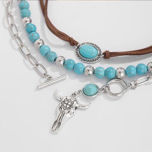 Boho Western Necklaces for Women,Turquoise Beaded Layered Necklaces Vintage Cow Cactus Pendant Choker Necklace Set,Cowgirl Jewelry Accessories Gifts in Saudi Arabia