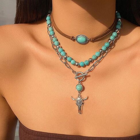 Boho Western Necklaces for Women,Turquoise Beaded Layered Necklaces Vintage Cow Cactus Pendant Choker Necklace Set,Cowgirl Jewelry Accessories Gifts in Saudi Arabia