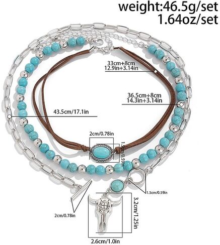 Boho Western Necklaces for Women,Turquoise Beaded Layered Necklaces Vintage Cow Cactus Pendant Choker Necklace Set,Cowgirl Jewelry Accessories Gifts in Saudi Arabia