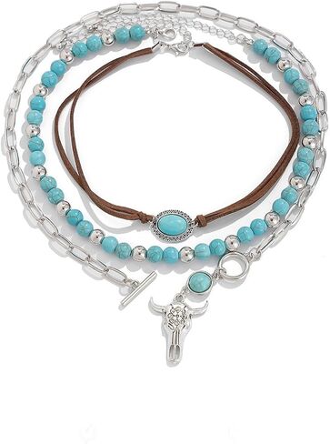 Boho Western Necklaces for Women,Turquoise Beaded Layered Necklaces Vintage Cow Cactus Pendant Choker Necklace Set,Cowgirl Jewelry Accessories Gifts in Saudi Arabia