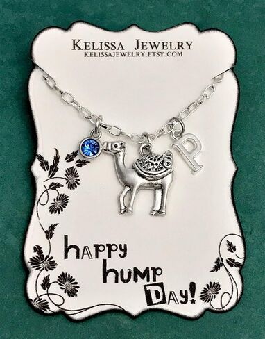 Camel Necklace Silver-Plated, Optional Initial and/or Birthstone, Happy Hump Day in Saudi Arabia