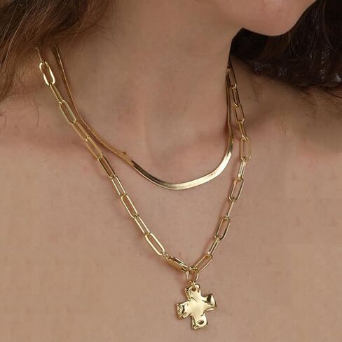Chunky Cross Necklace For Women, 14k Gold Plated Two Layer Chain Stackable Necklaces Statement Minimalism Jewelry Gift in Saudi Arabia
